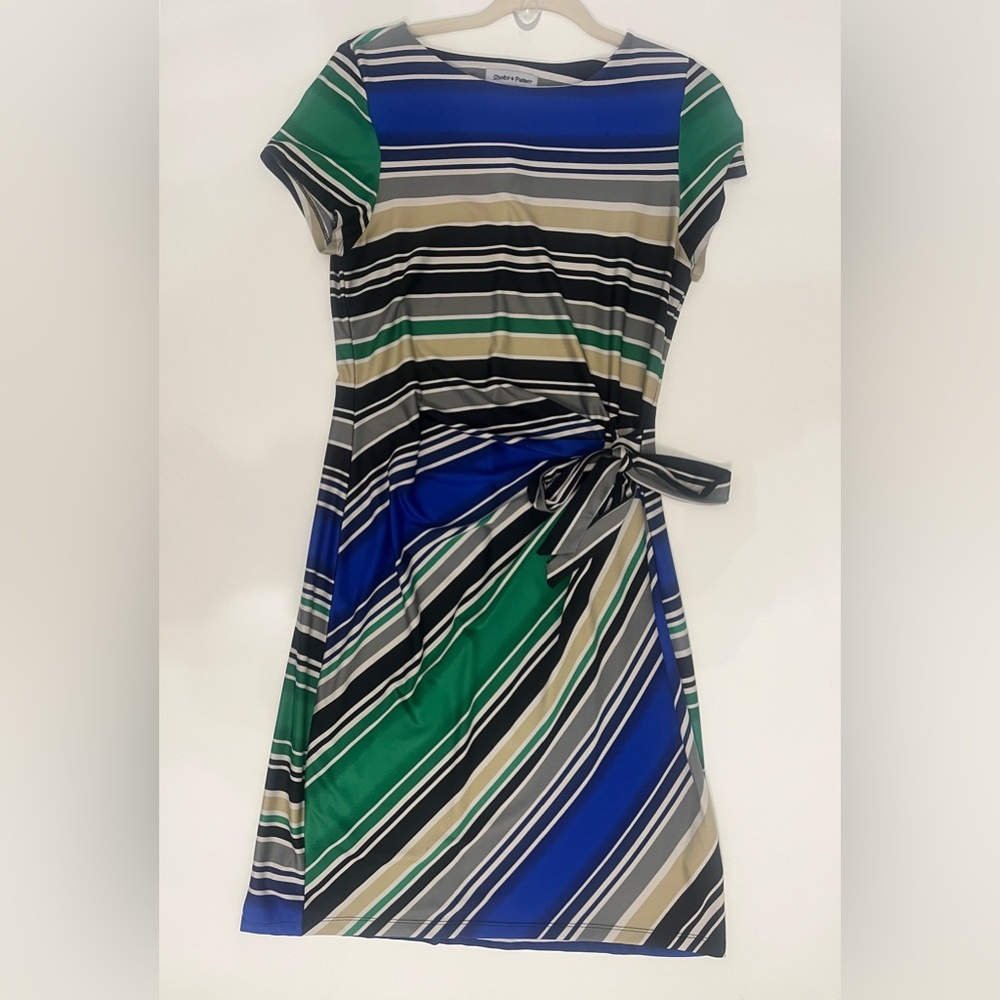 Shelby & Palmer Green and Blue Ruched Tie Front Midi Dress